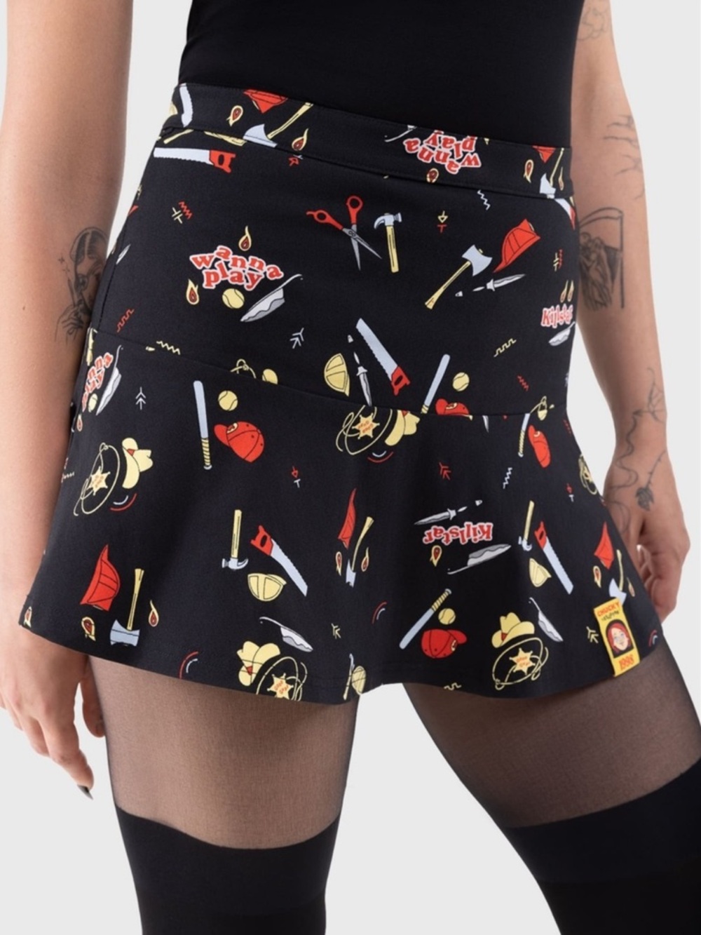 KILLSTAR x CHUCKY Time To Play Skater Mini Skirt Knives Horror Print Black L